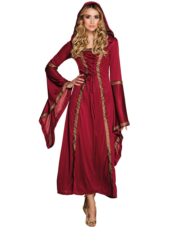 Röd Medeltidsdräkt med Hätta för Kvinnor