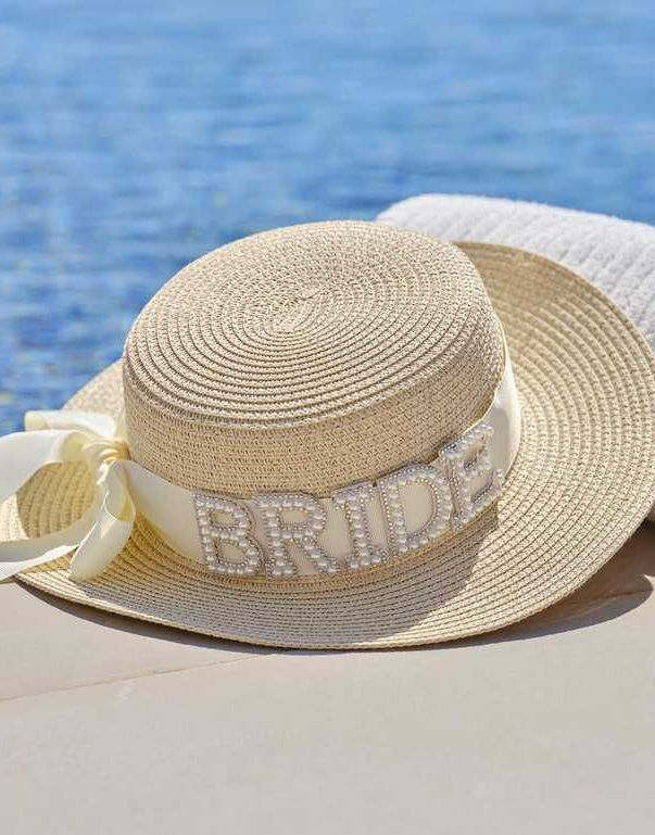 Underbar Bride Stråhatt med Sløyfe och Pärlor