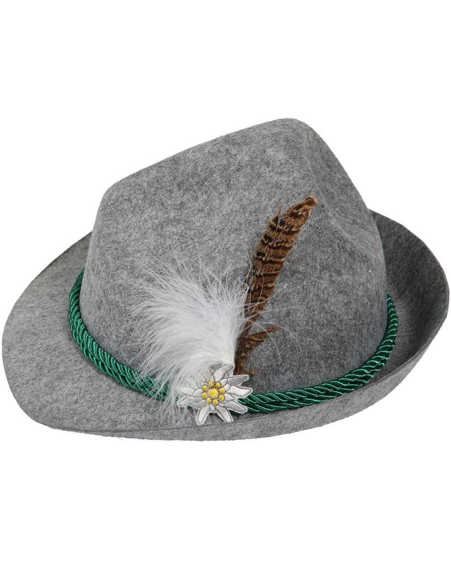 Grå Deluxe Trenker Oktoberfesthatt med Fjäder