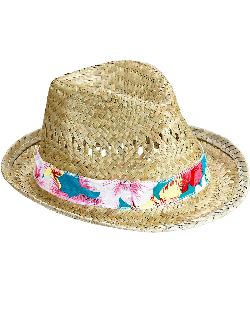 Stråhatt med Fedoraform och Blommönstrat Band