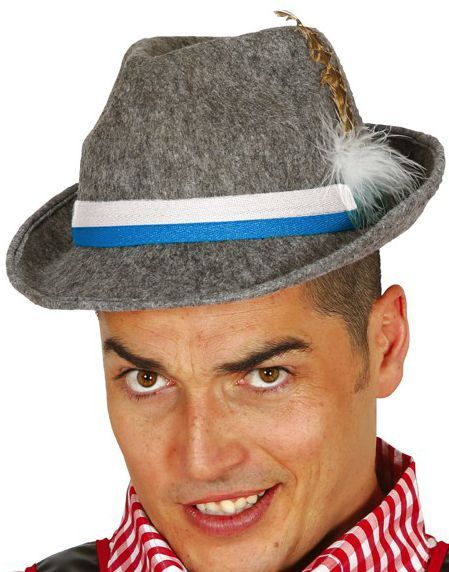 Grå Oktoberfesthatt med Blått och Vitt Band och Fjäder
