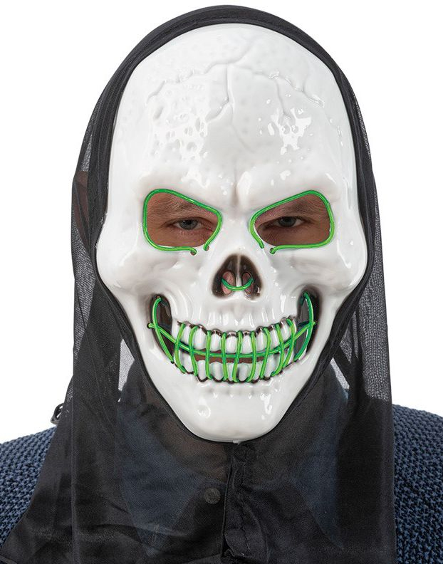 Skelettmask med huva och grönt LED-ljus