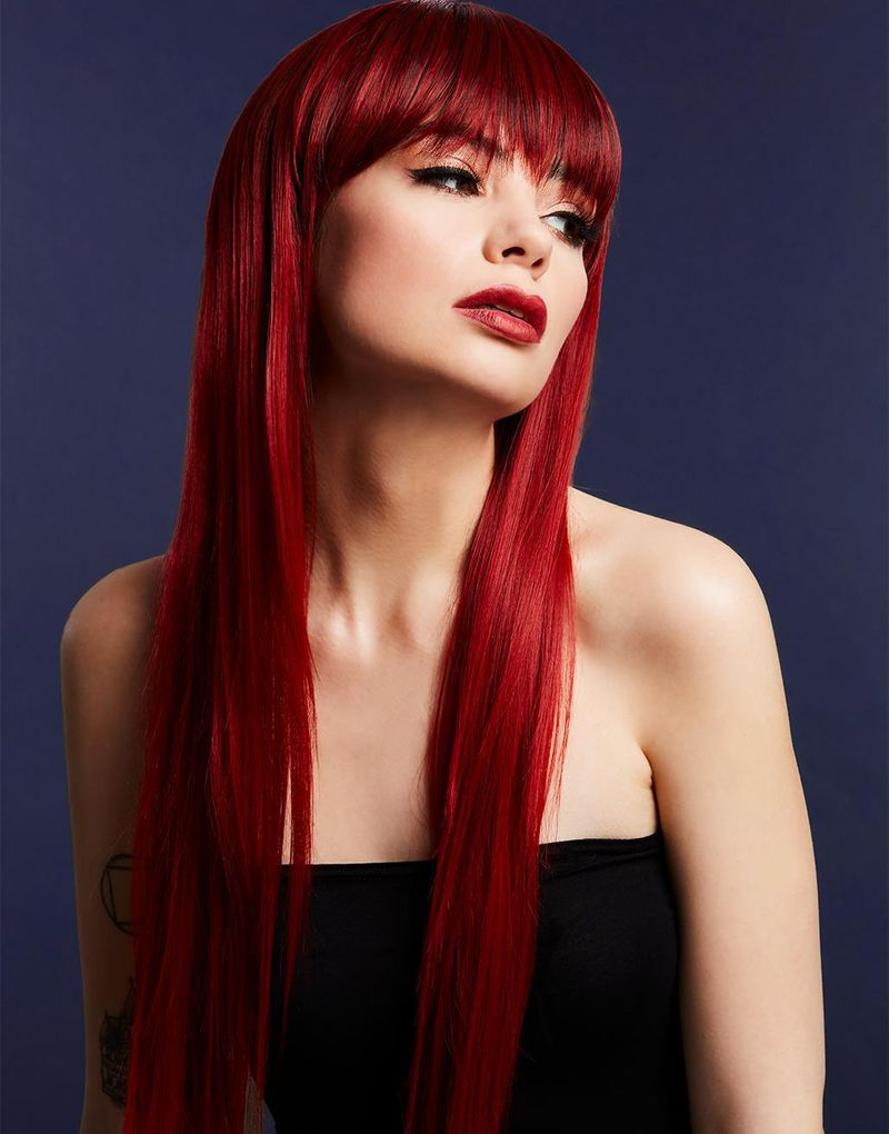 Jessica Deluxe Wig - Kan Styles! - Rubinröd Peruk med Lugg