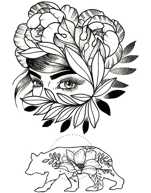 Flowered Woman & Bear - 2 st Tatueringar