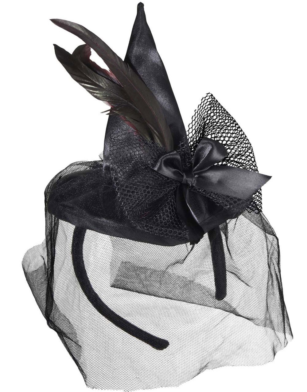 Svart huvudbonad med häxhatt och röda fjädrar