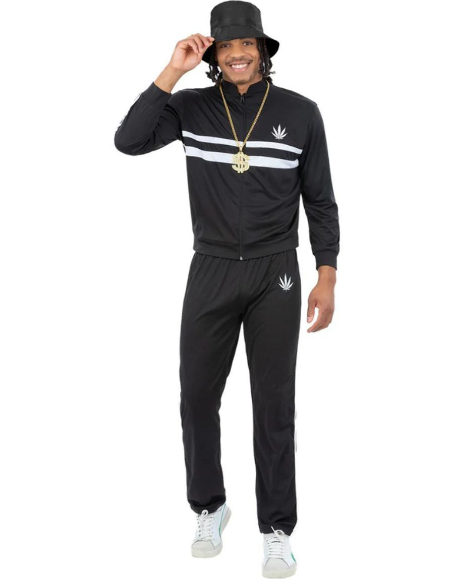 90-tals Svart och Vit Träningsdräkt med Ränder och Marihuanalogotyp för Herrar